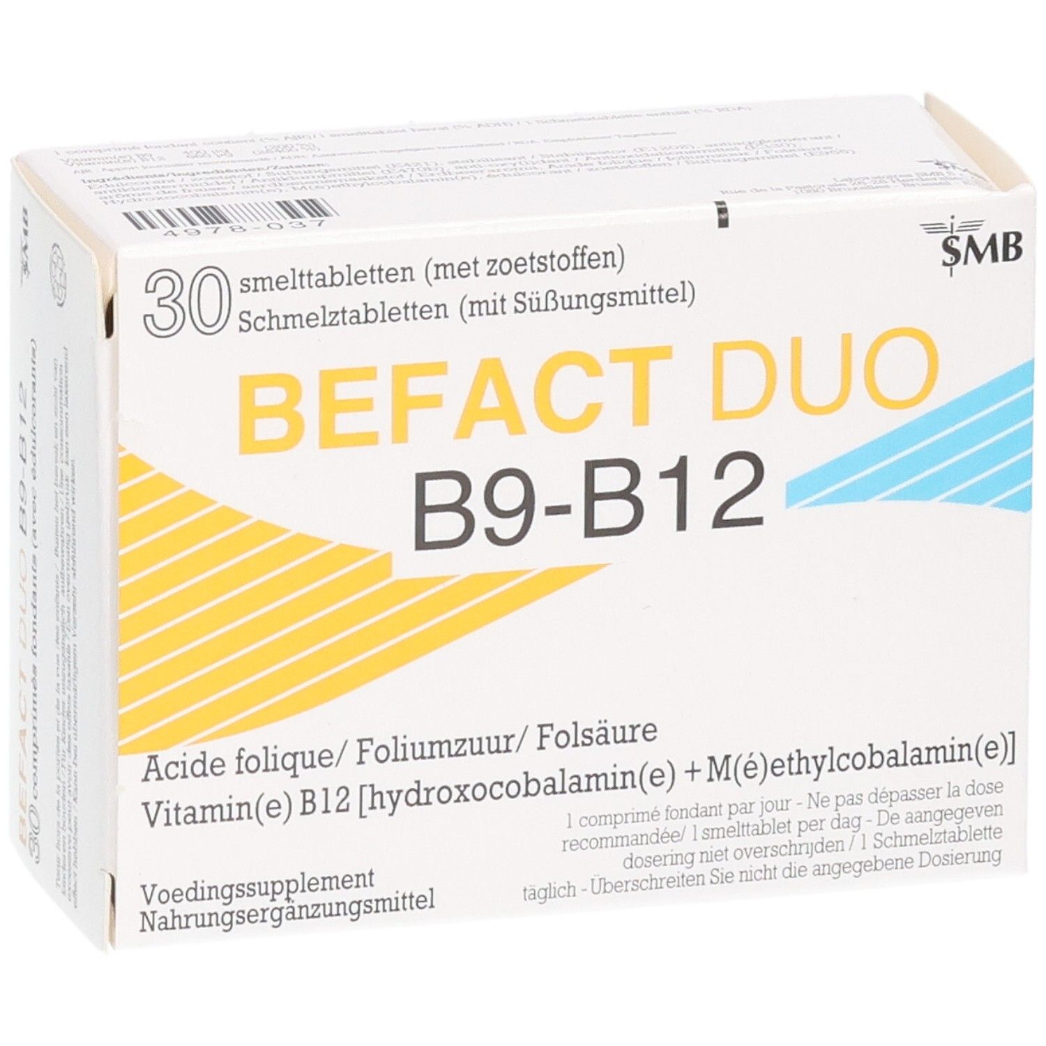 Emballage de BEFACT DUO B9-B12, 30 comprimés fondants, en biais de face.
