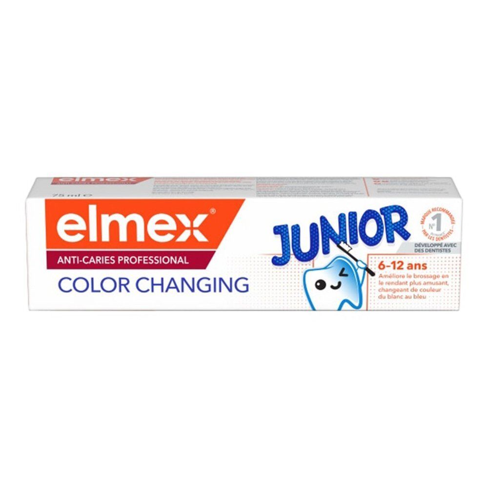 Elmex Junior Color Changing tandpasta verpakking met tandillustratie en leeftijdsindicatie 6-12 jaar.