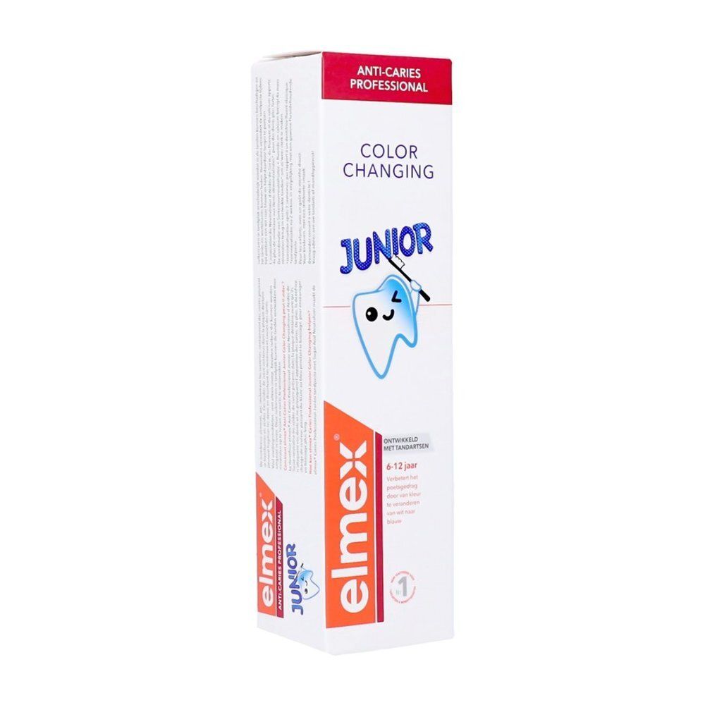 Elmex Junior Color Changing tandpasta verpakking, schuine weergave met logo en productkenmerken.