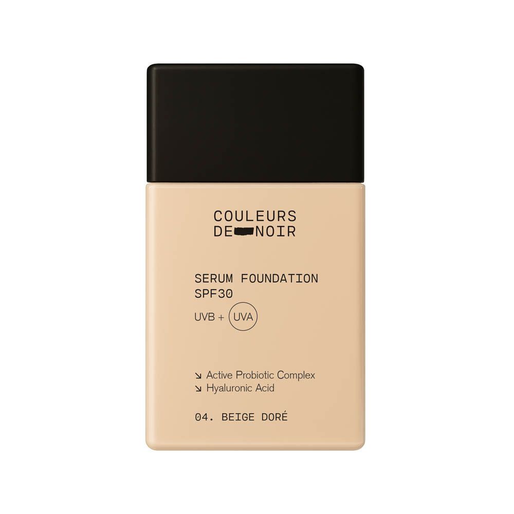 Flacon du Couleurs de Noir Serum Foundation SPF30 04 Beige Doré avec bouchon noir.