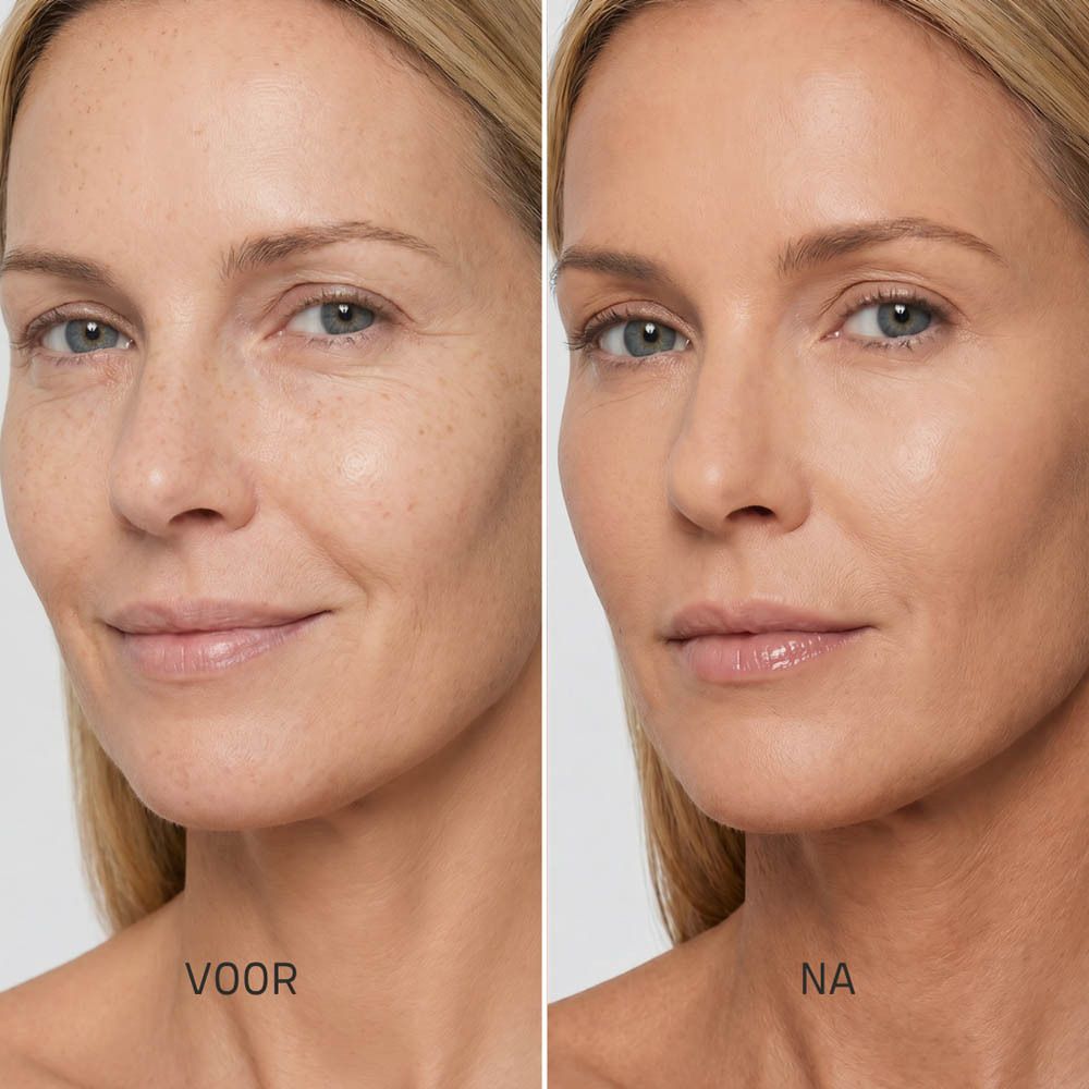 Voor-en-na vergelijking van een vrouw met Couleurs de Noir Serum Foundation SPF30 04 Beige Doré.
