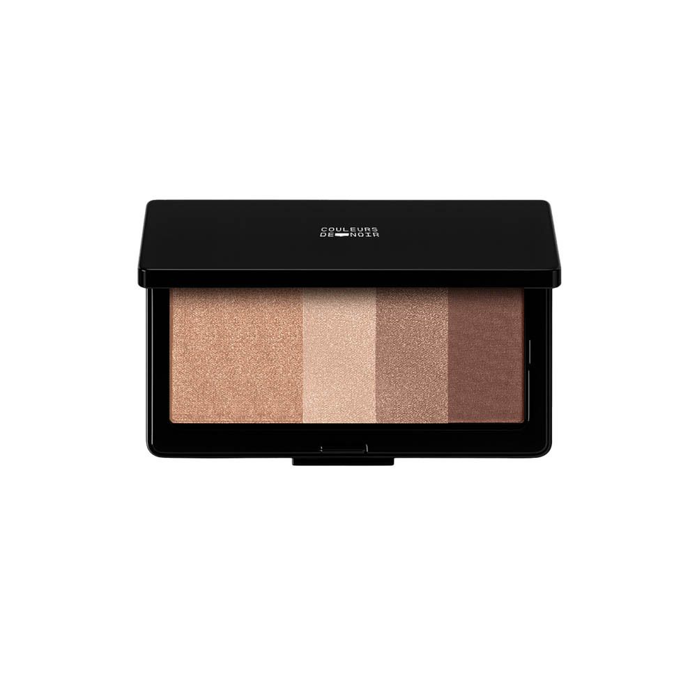 Compact palet met vier neutrale oogschaduwkleuren in bruine en beige tinten.