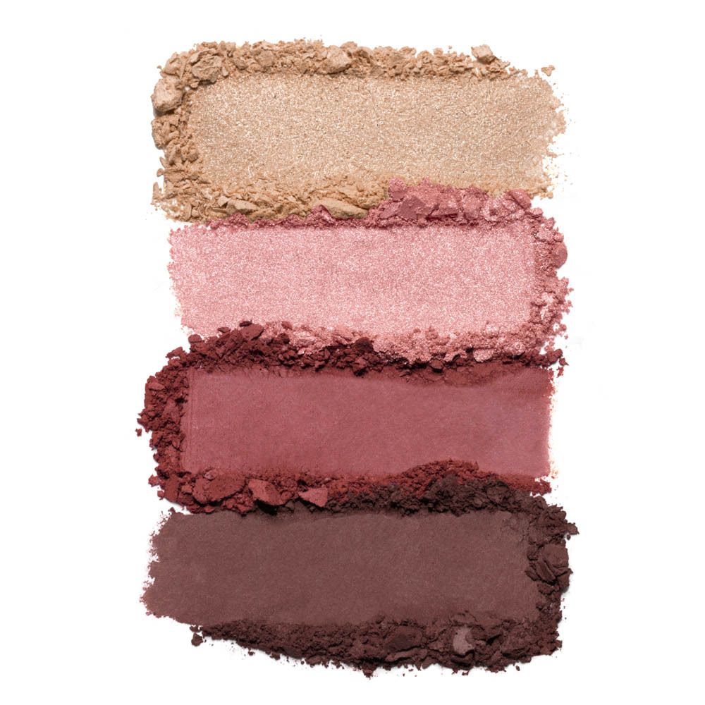 Vier oogschaduwstalen van palette 03 Les Bordeaux: beige, roze, rosé, donkerrood.