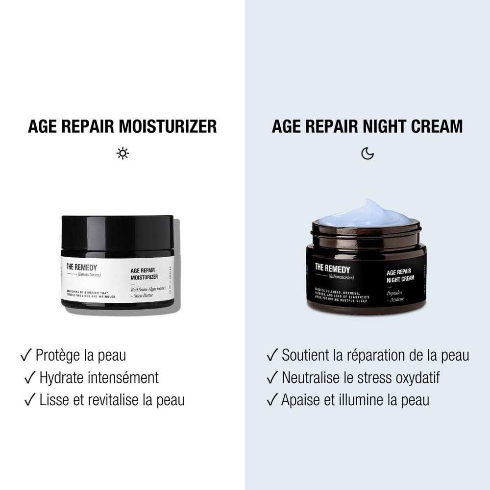 Comparaison de AGE REPAIR MOISTURIZER et AGE REPAIR NIGHT CREAM. Texte en français.