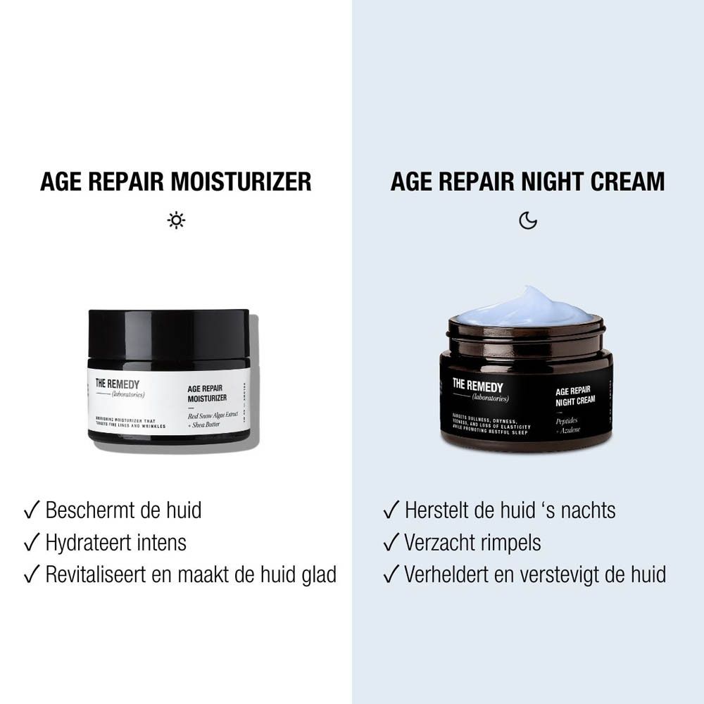 Vergelijking van AGE REPAIR MOISTURIZER en AGE REPAIR NIGHT CREAM. Tekst in het Nederlands.