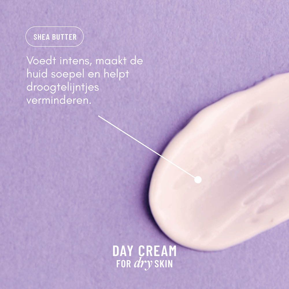 Doos met opschrift: Wondr, Day Cream, Dry Skin. Lila design.