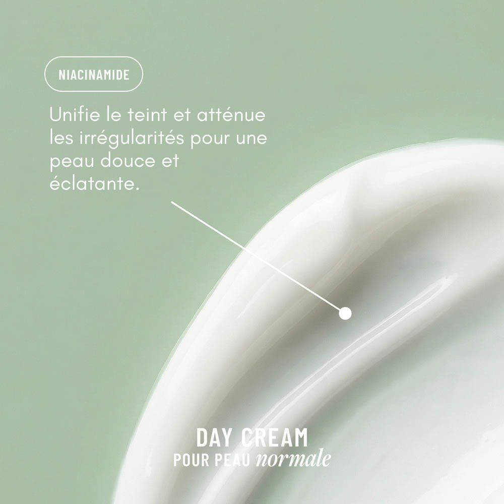 Gros plan de la crème. Texte : Niacinamide. Day Cream.