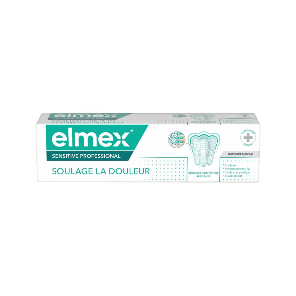 Emballage Elmex Sensitive Professional dentifrice, symbole dentaire et croix.