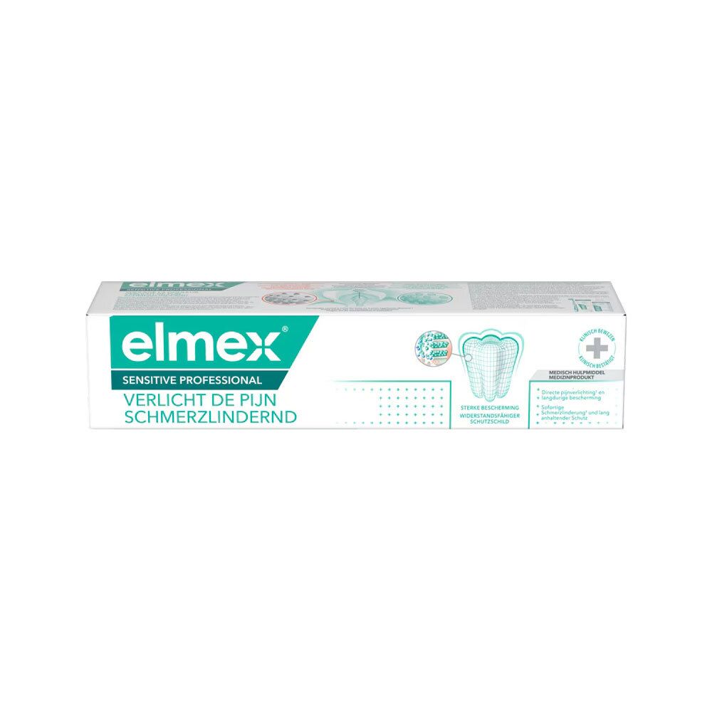 Elmex Sensitive Professional tandpastaverpakking met tand-icoon en kruis.