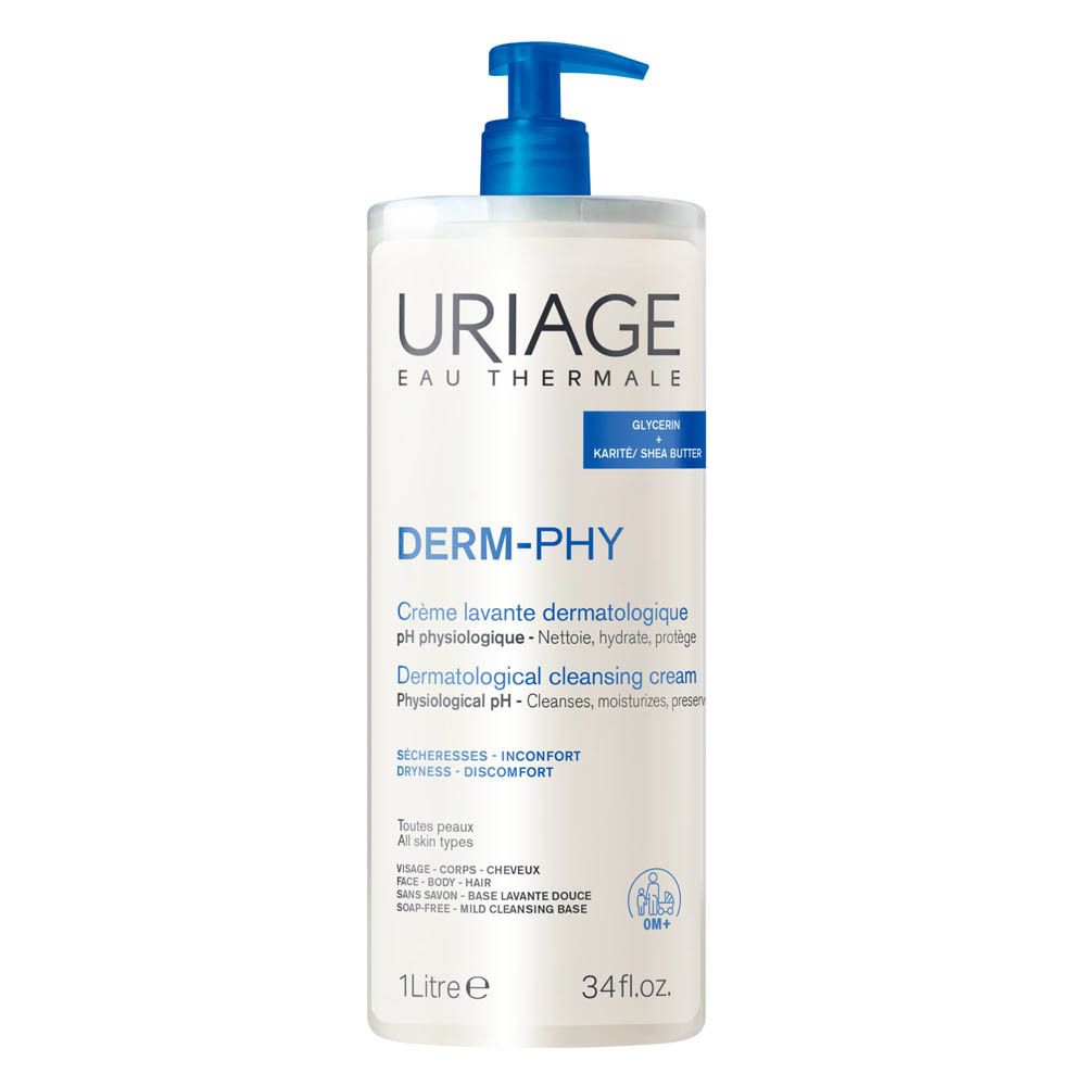 Witte fles met blauwe pomp. Opschrift Uriage, Derm-Phy, Crème lavante dermatologique. 1 liter.