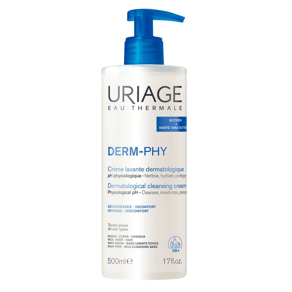Flacon Uriage Crème Lavante, blanc, pompe bleue. Texte: Derm-Phy, pH physiologique, 500ml. Avec glycérine et beurre de karité.