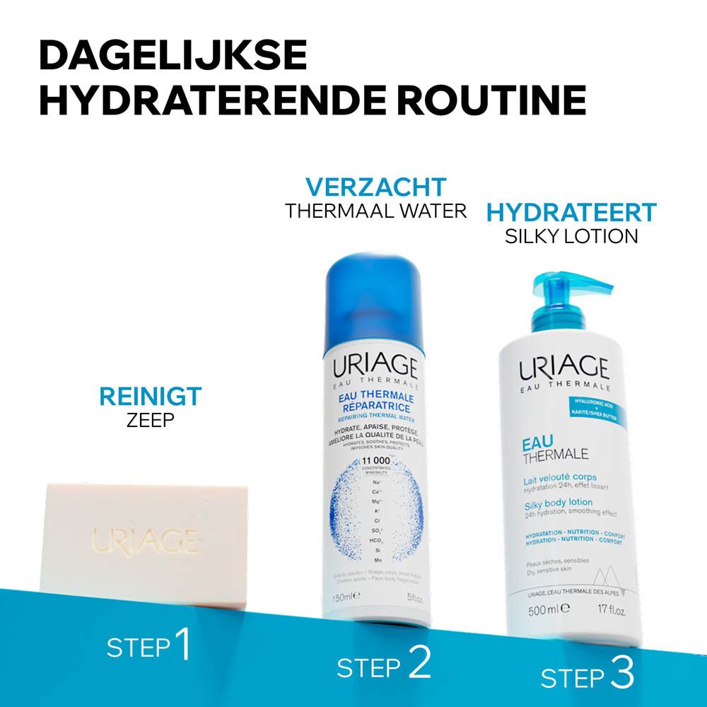 Uriage dagelijkse hydraterende routine: wasblok, thermaal water, bodylotion.