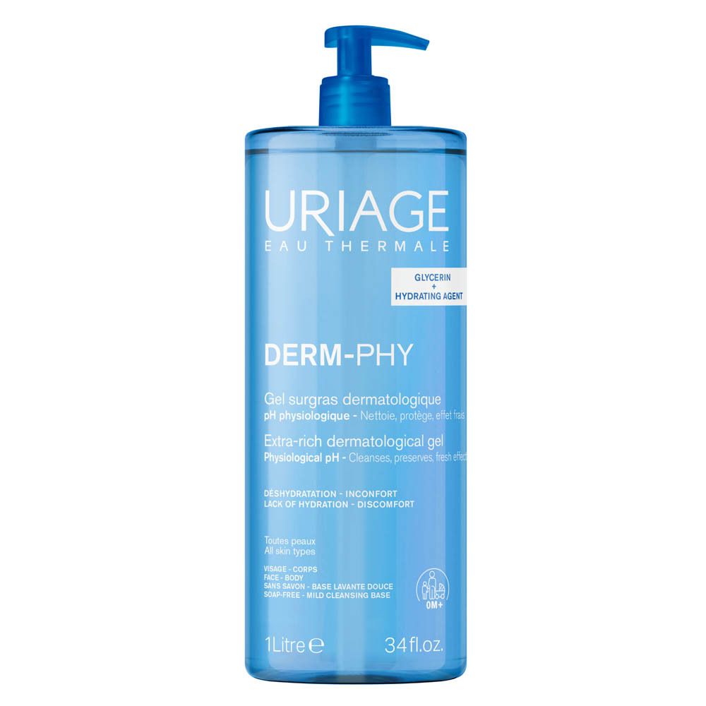 Transparante fles met blauwe pomp. Opschrift: URIAGE, DERM-PHY, Glycerine + Hydraterend middel. 1 liter.