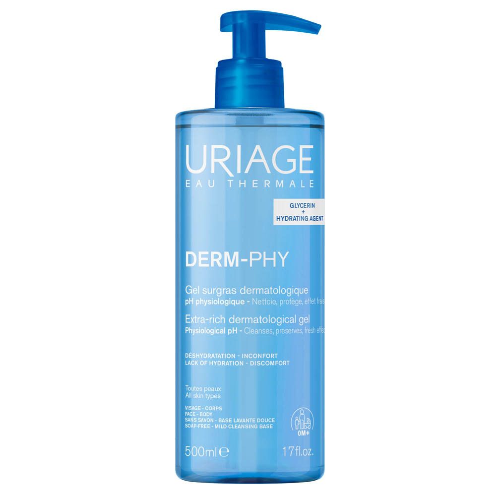 Flacon bleu transparent avec pompe. Inscriptions URIAGE, DERM-PHY. Texte : Gel surgras dermatologique, Extra-rich dermatological gel.