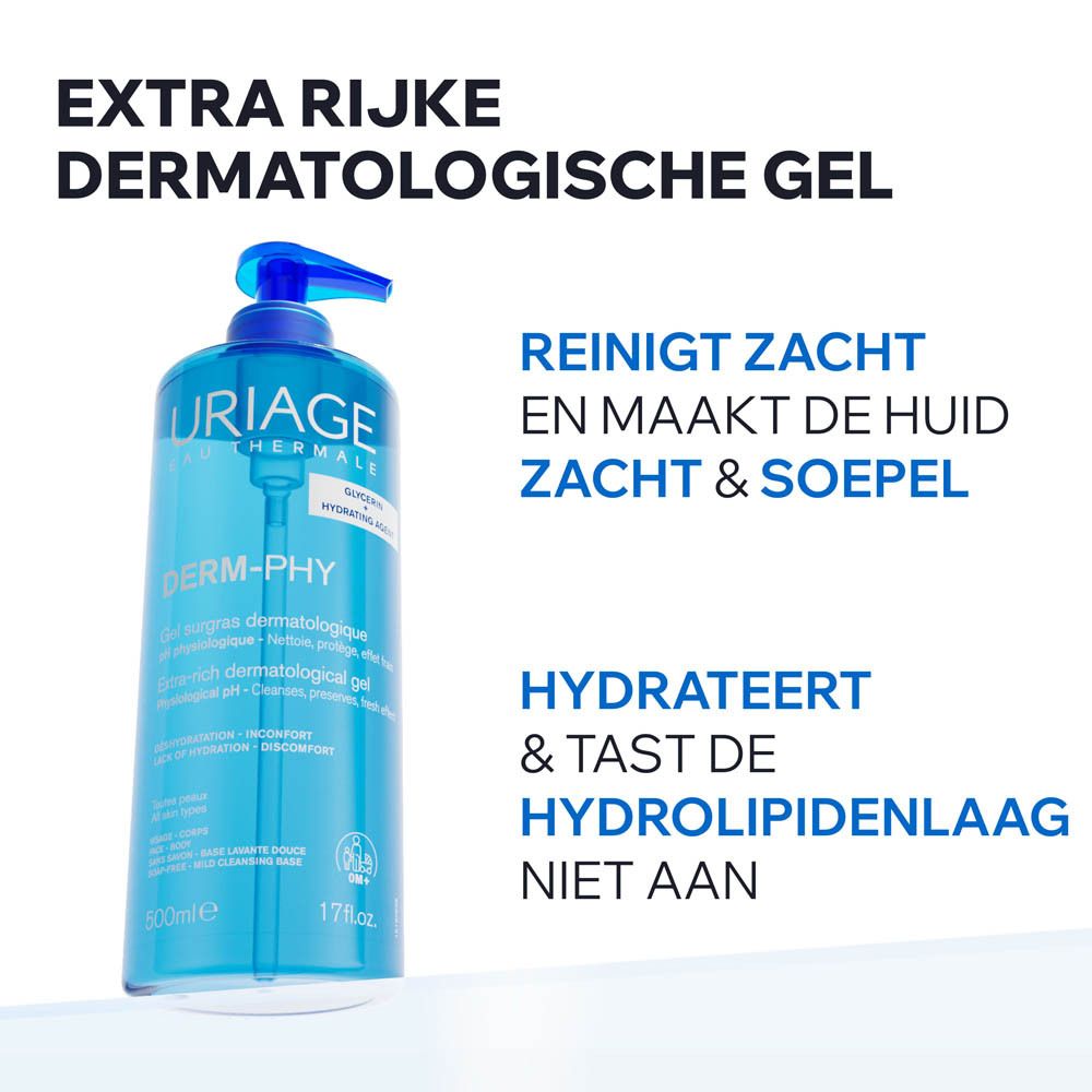 Uriage Derm-Phy Gel: Reinigt zacht en maakt de huid zacht en soepel. Hydrateert en beschermt de hydrolipidenlaag.