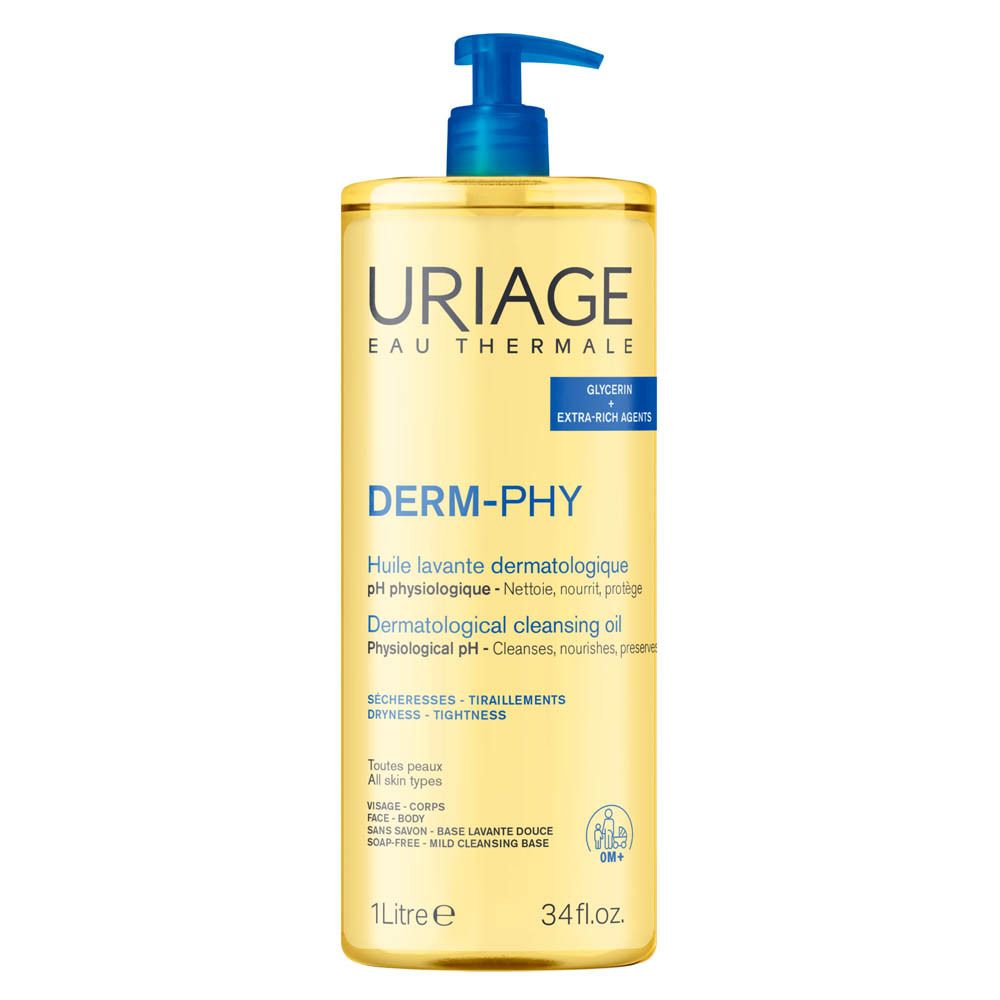 Transparante fles met blauwe pomp. Opschrift: Uriage, Derm-Phy, dermatologische wasolie. Bevat glycerine.