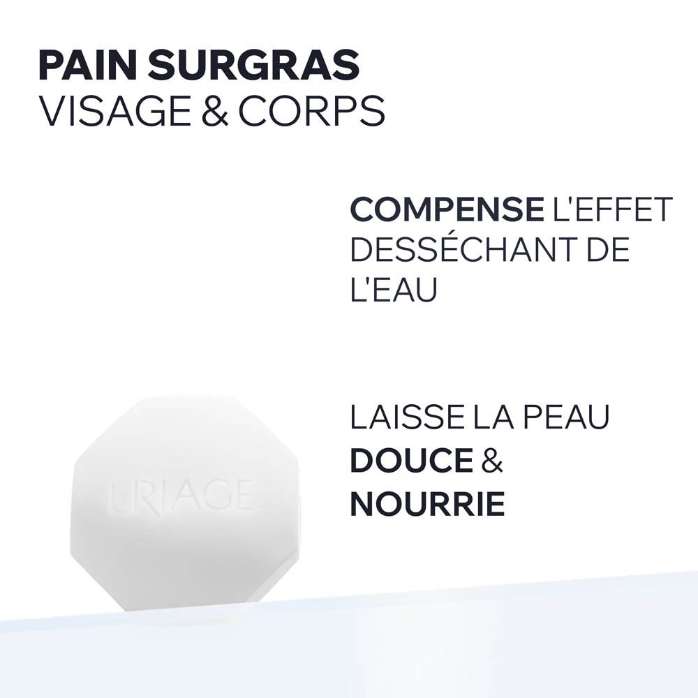 Pain surgras dermatologique Uriage, 100g. Sans savon, pH physiologique. Pour tous types de peaux.