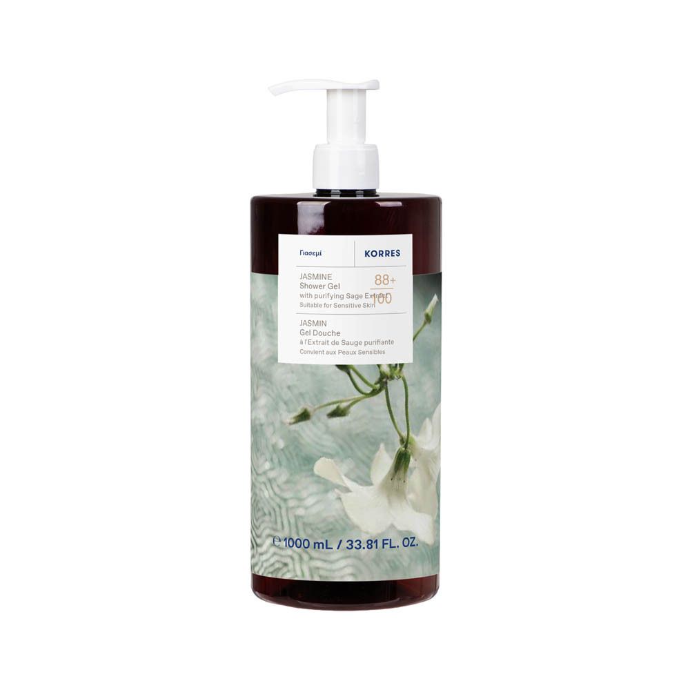Korres Jasmine Shower Gel. Grote bruine fles met pomp. Label met productinfo en jasmijn. 1000 ml.