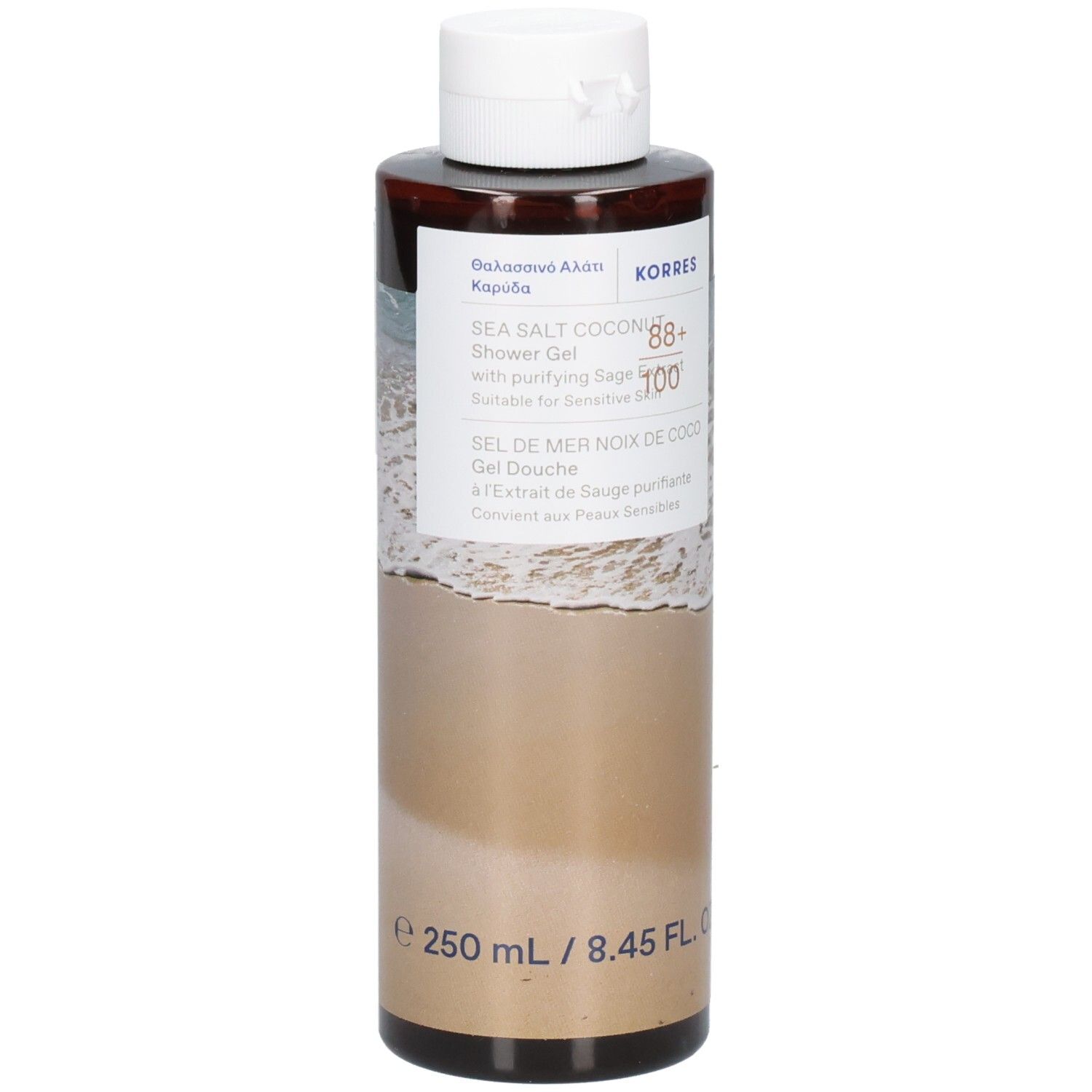 Flacon marron avec bouchon blanc. Inscription: Sea Salt Coconut Shower Gel. 250 ml.