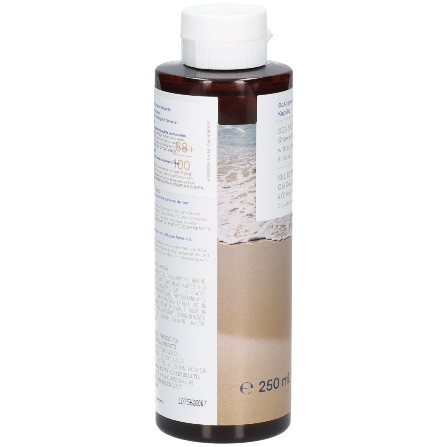 Dos du flacon marron avec texte. Inscription: Sea Salt Coconut Shower Gel. 250 ml.