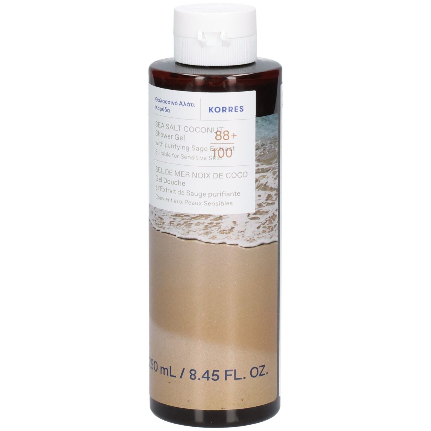 Flacon marron avec bouchon blanc. Inscription: Sea Salt Coconut Shower Gel. 250 ml.