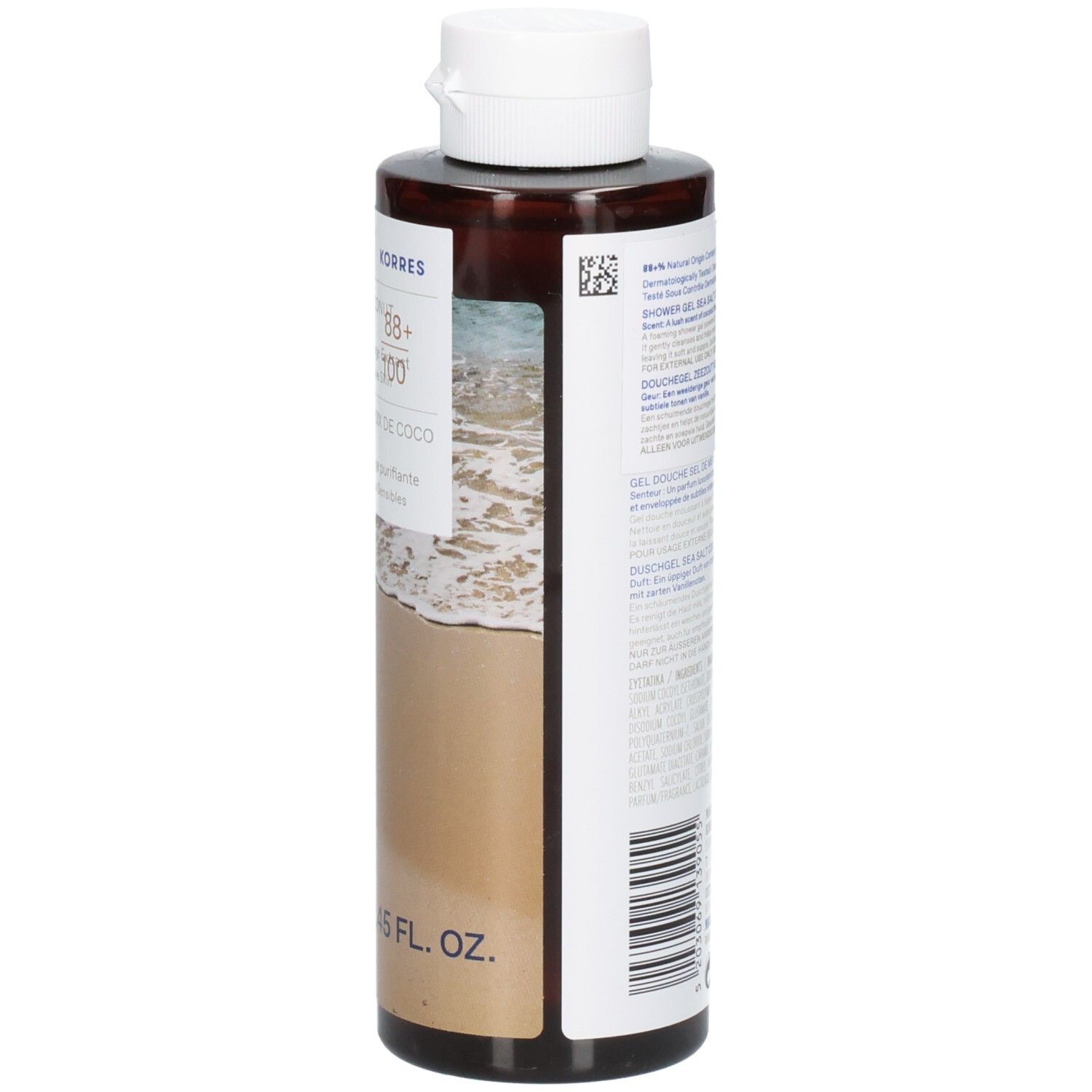 Flacon marron avec bouchon blanc. Inscription: Sea Salt Coconut Shower Gel. 250 ml.