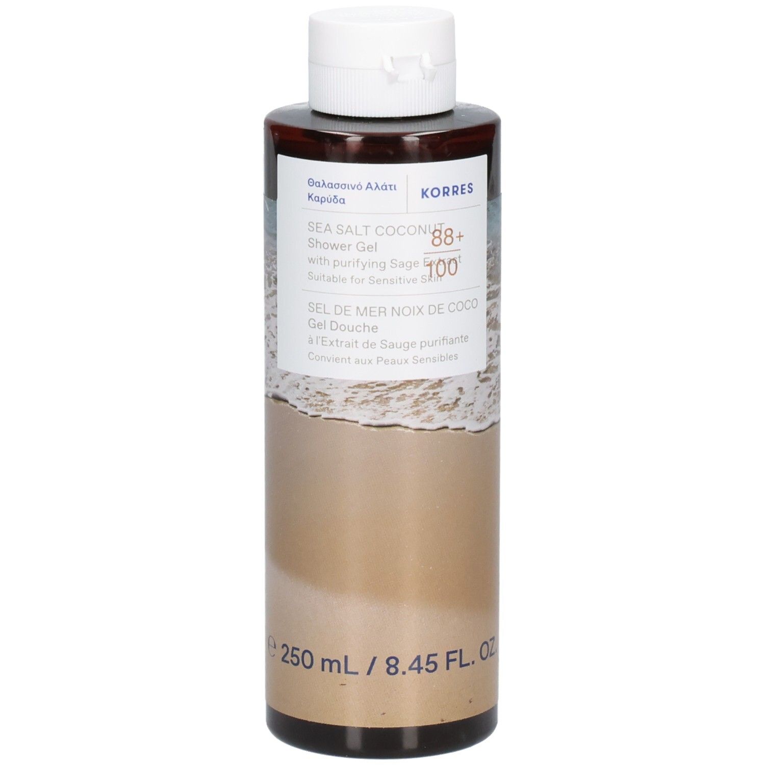 Flacon marron avec bouchon blanc. Inscription: Sea Salt Coconut Shower Gel. 250 ml.