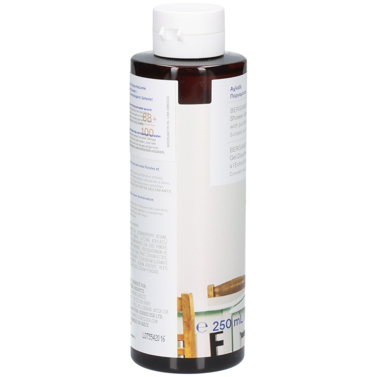 Flacon marron, bouchon blanc. Gel douche Bergamote Poire. Marque Korres. 250 ml.