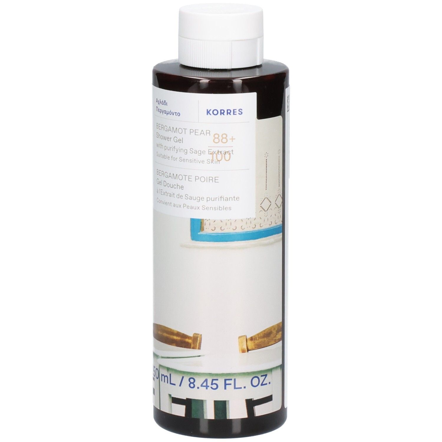 Flacon marron, bouchon blanc. Gel douche Bergamote Poire. Marque Korres. 250 ml.