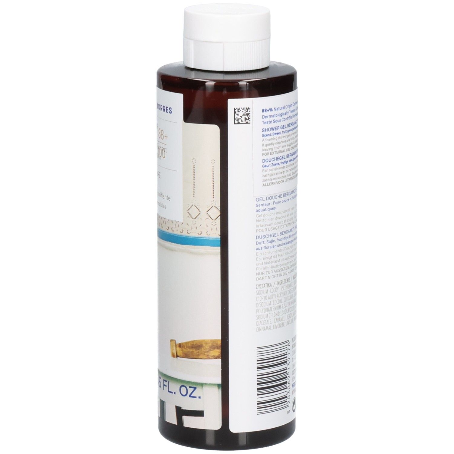 Flacon marron, bouchon blanc. Gel douche Bergamote Poire. Marque Korres. 250 ml.