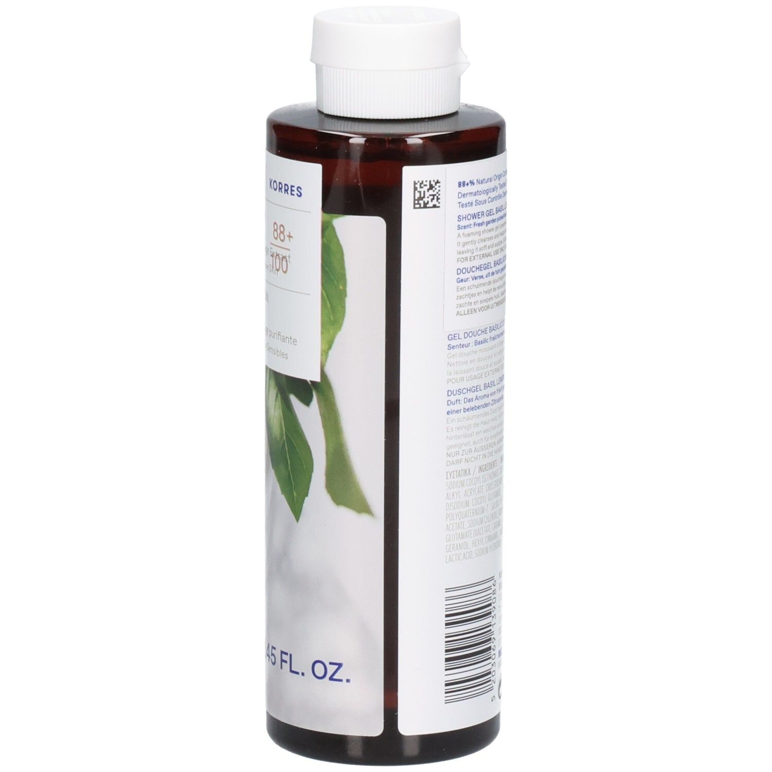Flacon marron avec bouchon blanc. Étiquette avec texte et logo. Illustration de feuilles. Quantité: 250 ml.