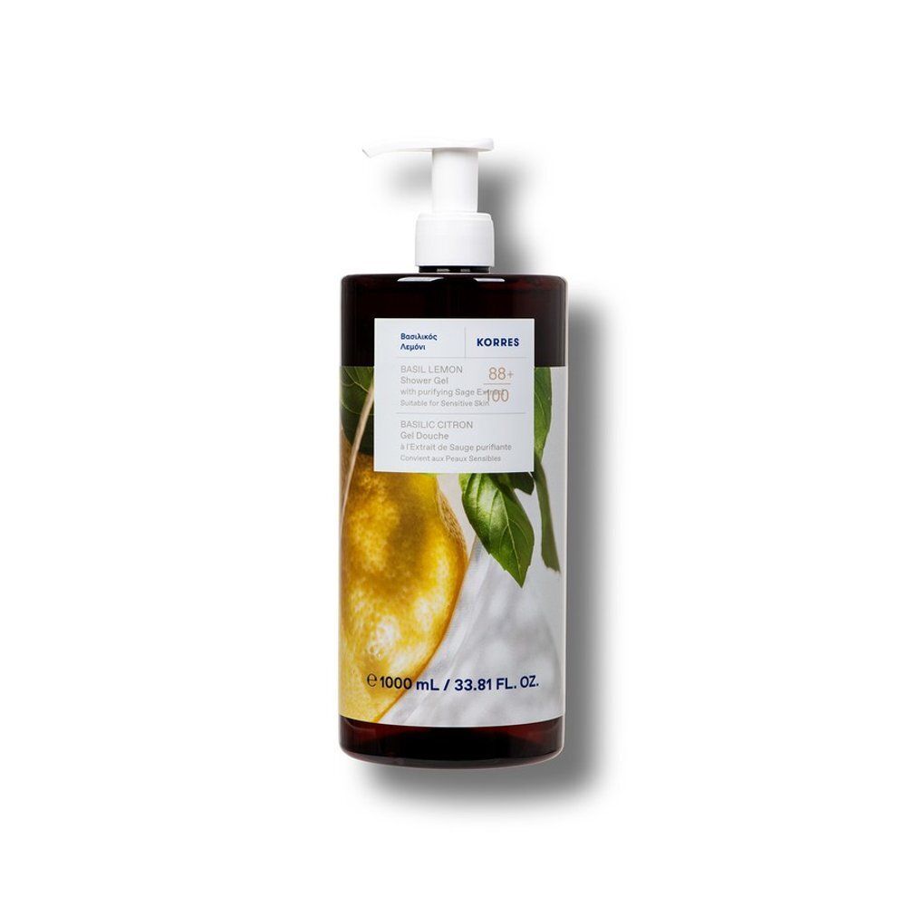 Donkerbruine pompflacon met basilicum-citroen motief, etiket en 1000 ml aanduiding.
