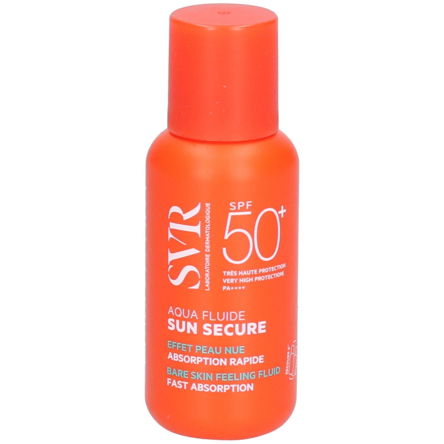 Flacon orange avec bouchon rouge. Texte: SVR, Aqua Fluide Sun Secure, SPF 50+.