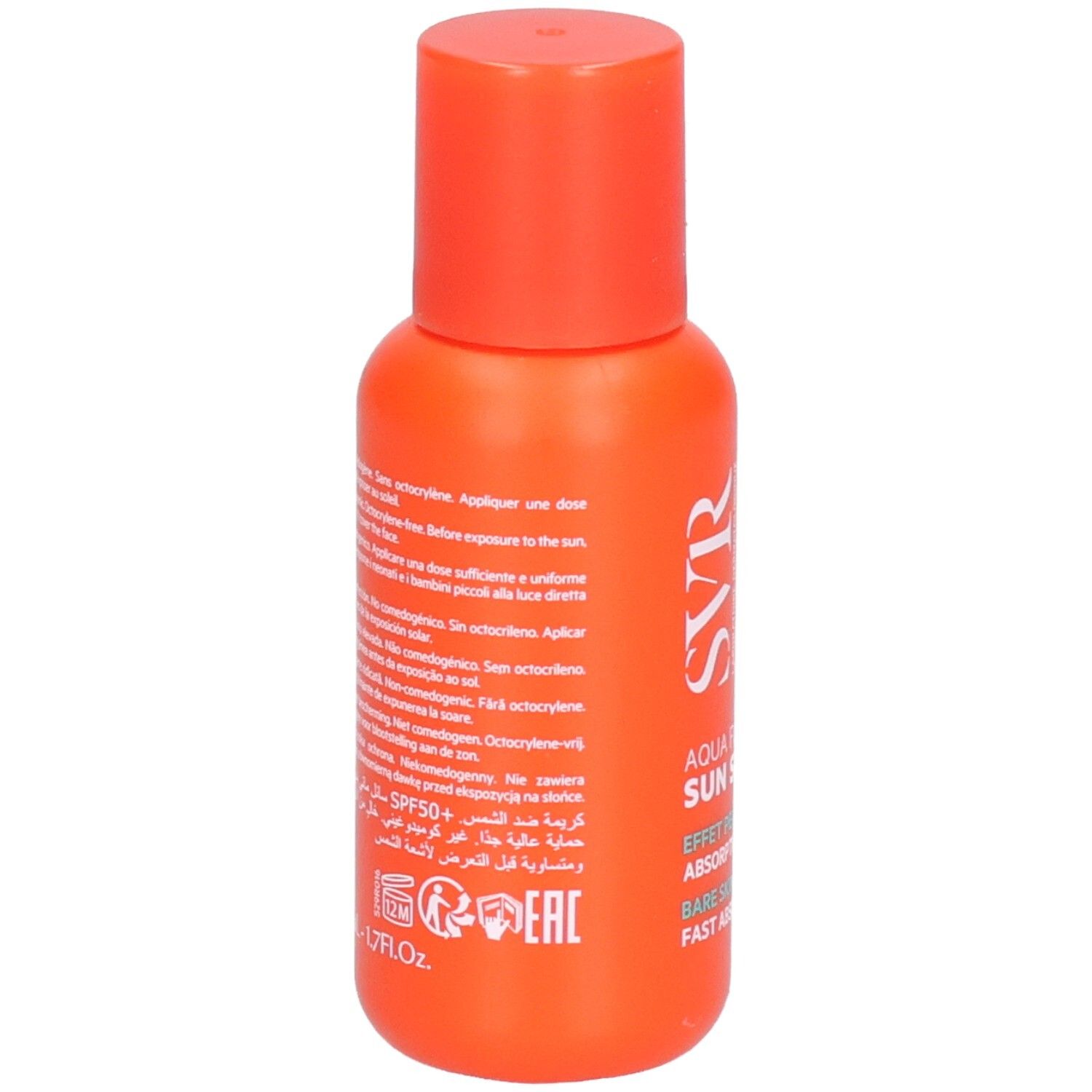 Dos du flacon orange. Texte: SVR, Aqua Fluide Sun Secure. Informations.