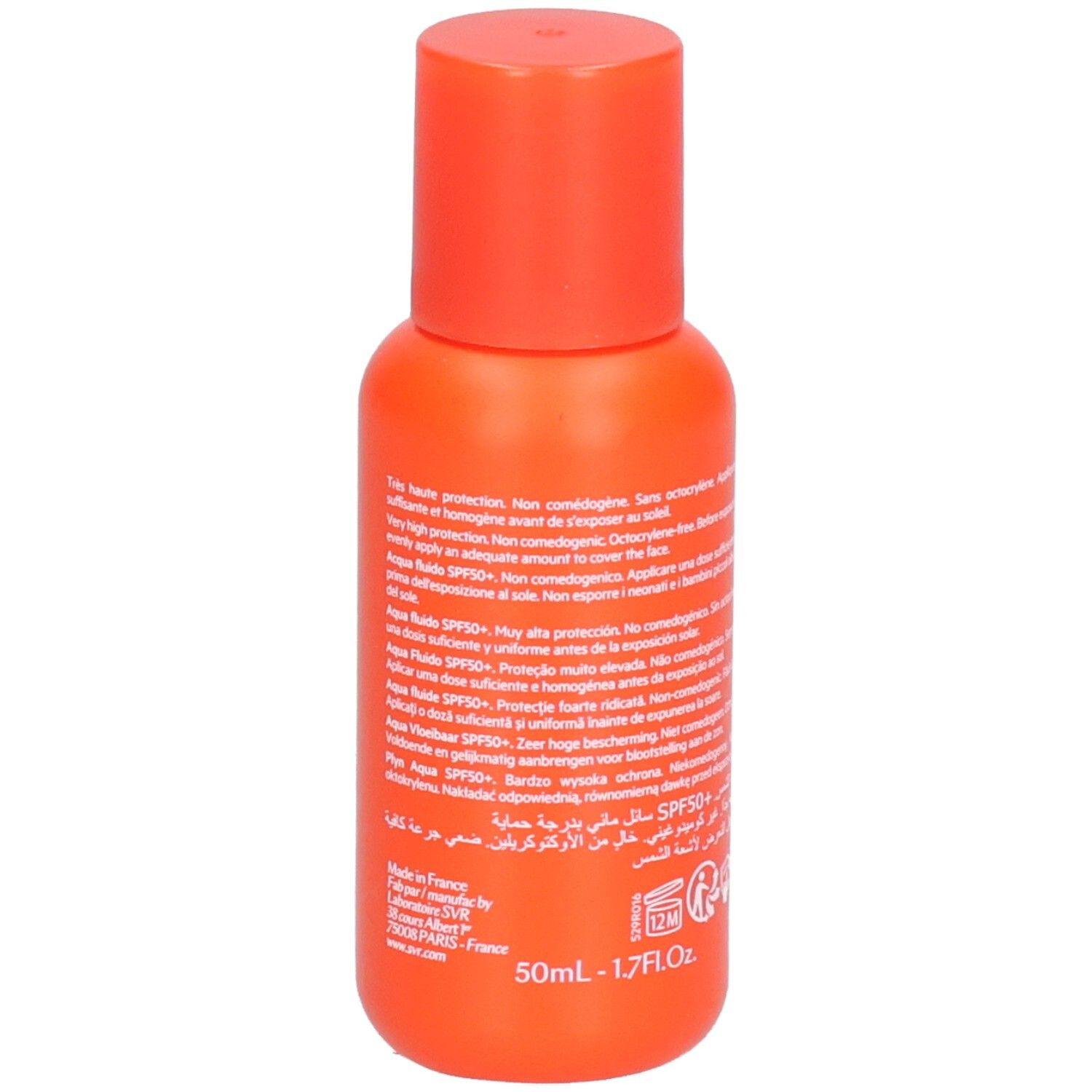 Dos du flacon orange. Texte: SVR, Aqua Fluide Sun Secure, SPF 50+, 50ml.