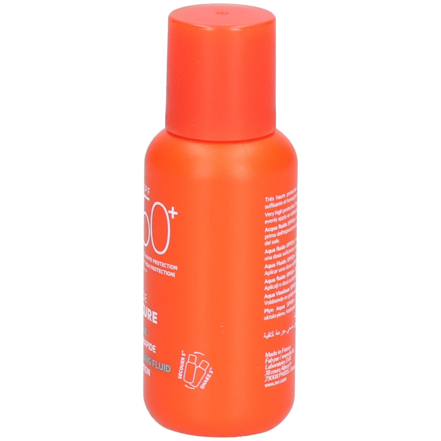 Vue latérale du flacon orange. Texte: SVR, Aqua Fluide Sun Secure, SPF 50+.