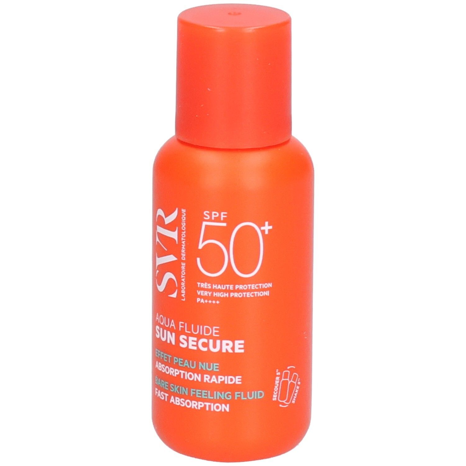 Flacon orange avec bouchon rouge. Texte: SVR, Aqua Fluide Sun Secure, SPF 50+.