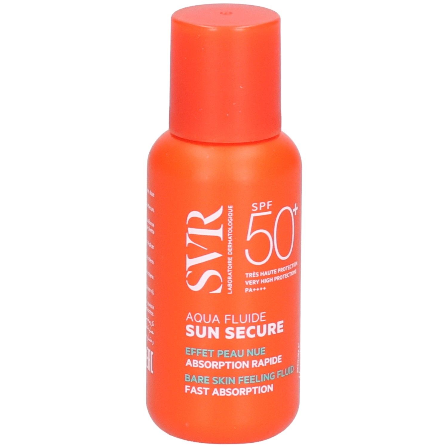 Flacon orange avec bouchon rouge. Texte: SVR, Aqua Fluide Sun Secure, SPF 50+.