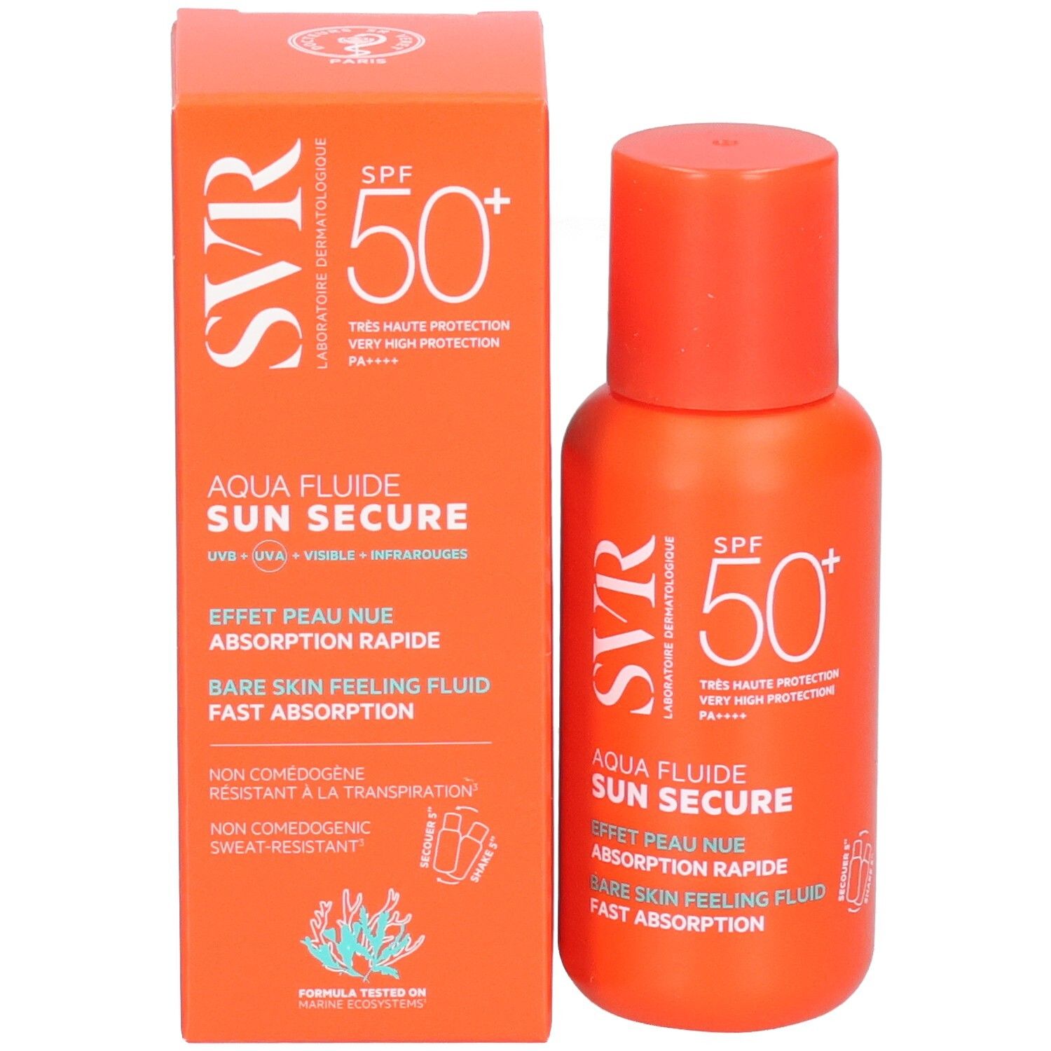 Emballage du produit avec flacon et boîte. Texte: SVR, Aqua Fluide Sun Secure, SPF 50+.