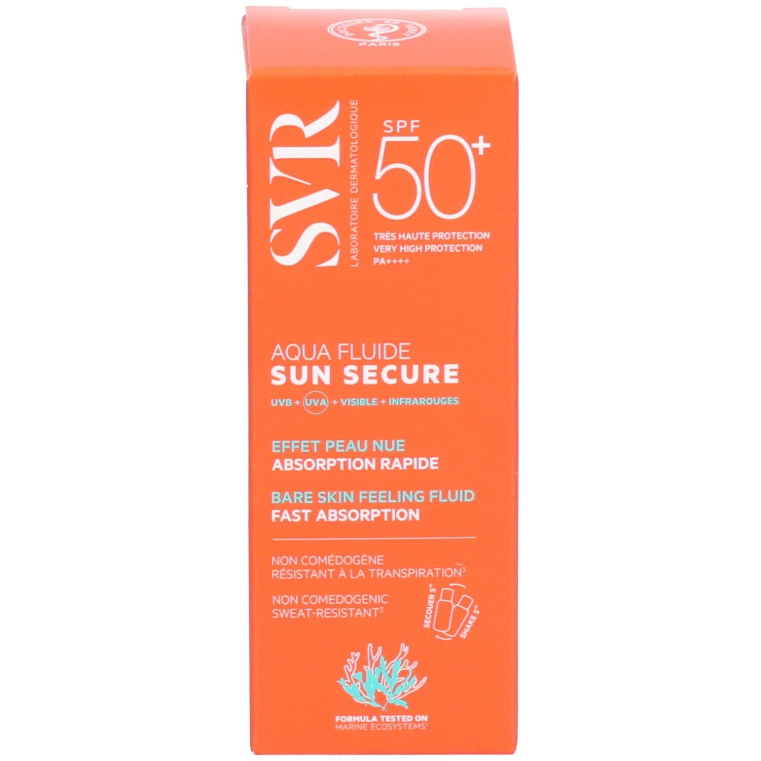 Boîte orange. Texte: SVR, Aqua Fluide Sun Secure, SPF 50+.