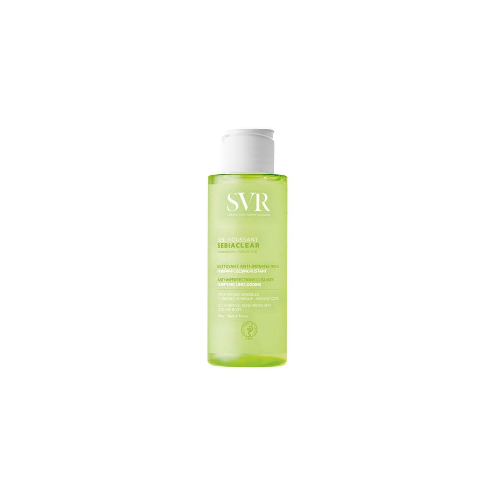 Groene fles met witte dop. Opschrift SVR, Gel Moussant Sebiaclear. Voor vette, acne-gevoelige huid.