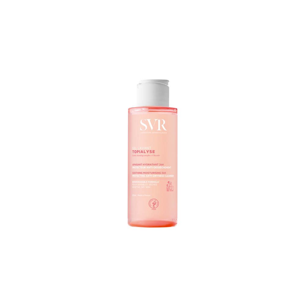 Roze vloeistoffles met witte dop. Opschrift SVR, Topialyse. Op witte achtergrond.