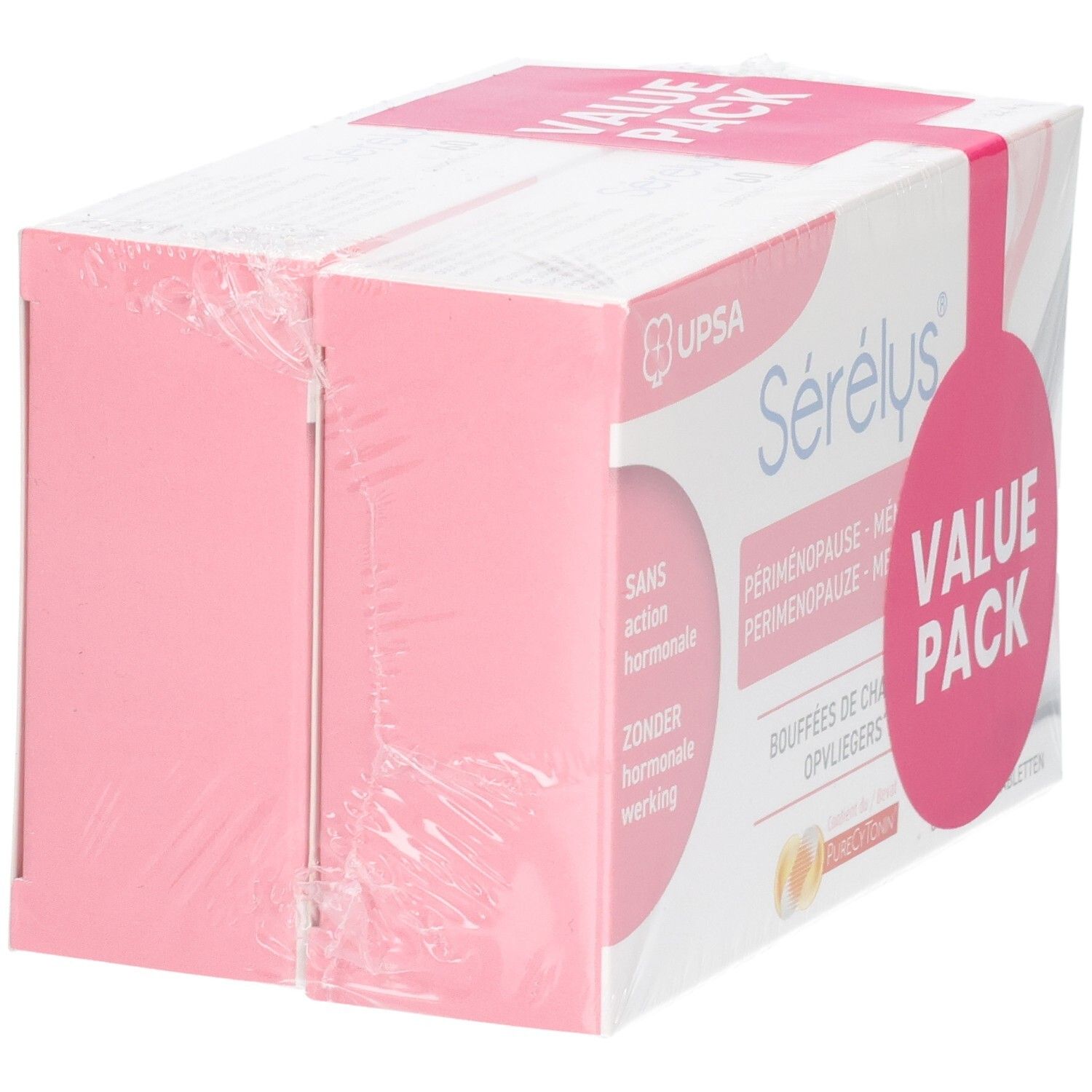 Sérélys Value Pack: Zijaanzicht van de verpakking, met roze accenten en productinformatie.