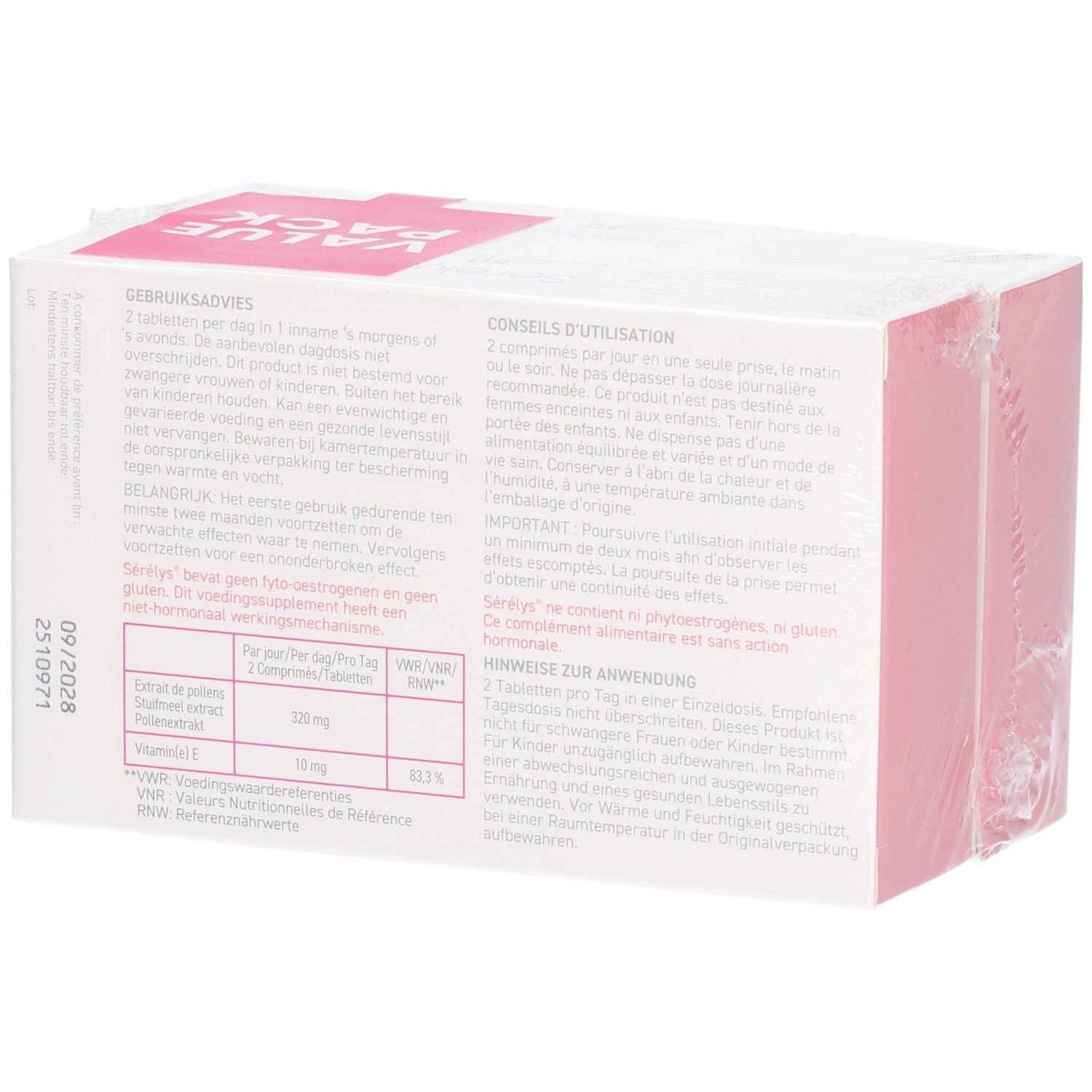 Achterkant van de Sérélys Value Pack-verpakking met gebruiksinstructies en ingrediënten.