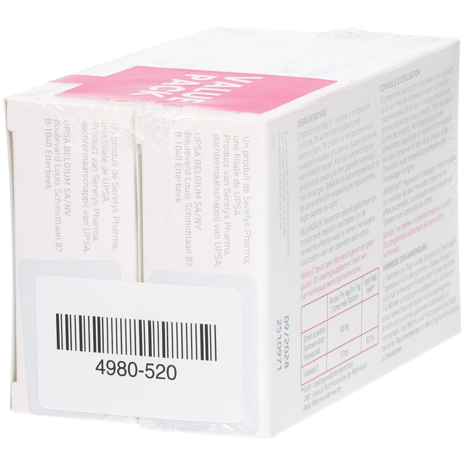 Sérélys Value Pack: Zijaanzicht met barcode en houdbaarheidsdatum.