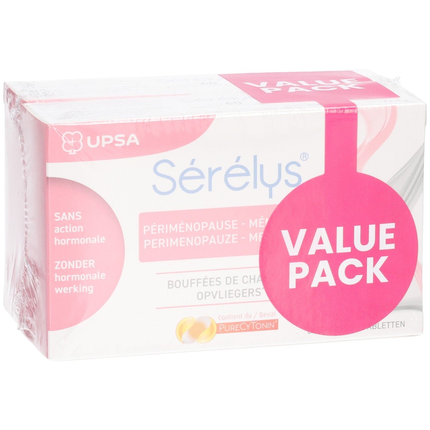 Sérélys Value Pack: Close-up van de verpakking, toont "Zonder hormonale werking".