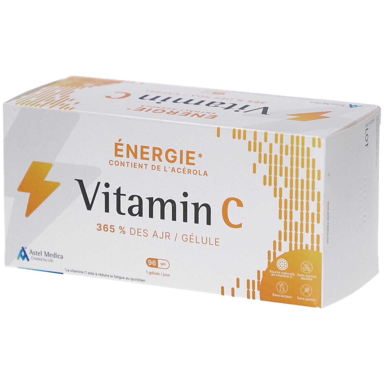 Witte doos met vitamine C. Opschrift: Energie, Vitamin C, 96 capsules. Astel Medica logo.