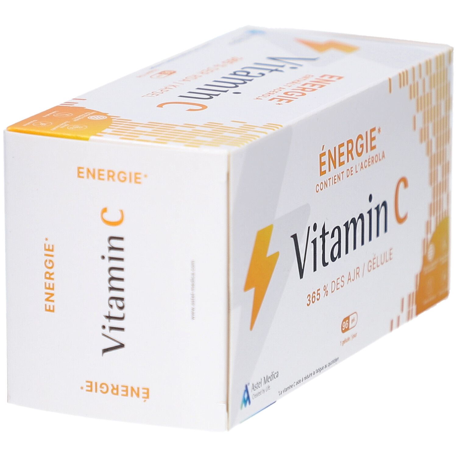 Schuin geplaatste witte doos met vitamine C. Opschrift: Energie, Vitamin C. Astel Medica logo.