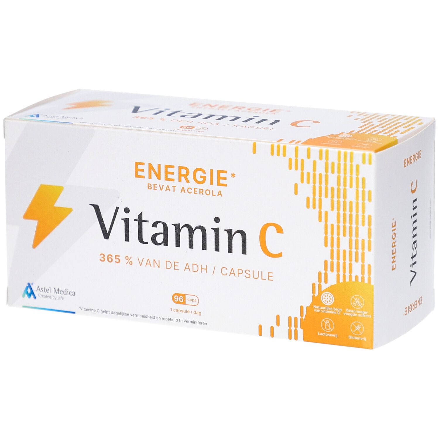 Witte doos met vitamine C. Opschrift: Energie, Vitamin C, 96 capsules. Astel Medica logo.