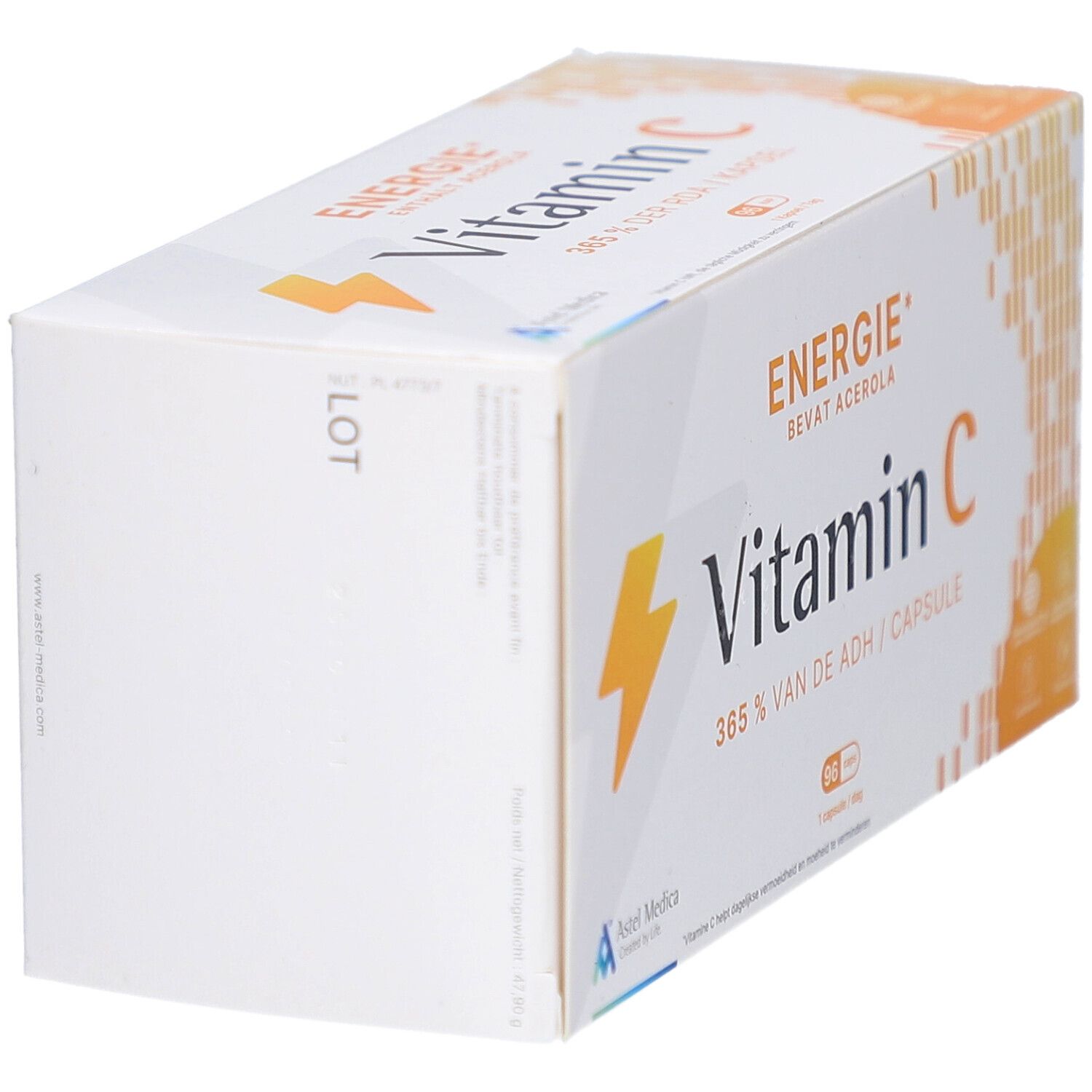 Schuin geplaatste witte doos met vitamine C. Opschrift: Energie, Vitamin C. Astel Medica logo.